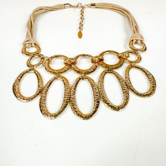 St Thomas Gold Tone Chunky Hammered Links Necklace  Leather Cords - Picture 2 of 5